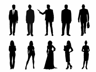 silhouettes of businessmen and women standing isolated on white background. silhouettes set of  male and female full body front view with body gesture isolated on white background.