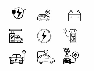 set of electric cars, eco, solar, renewable energy icons on white background