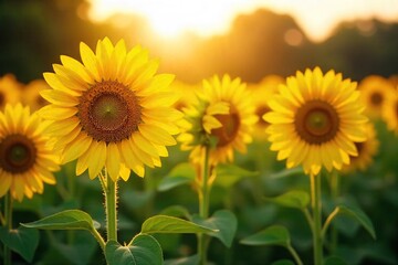 Obraz premium Vibrant sunflowers bask in the golden sunlight, their faces turned towards the sun in a field of lush green A perfect image for themes of summer, growth, and nature's abundance , flowers, wildflowers