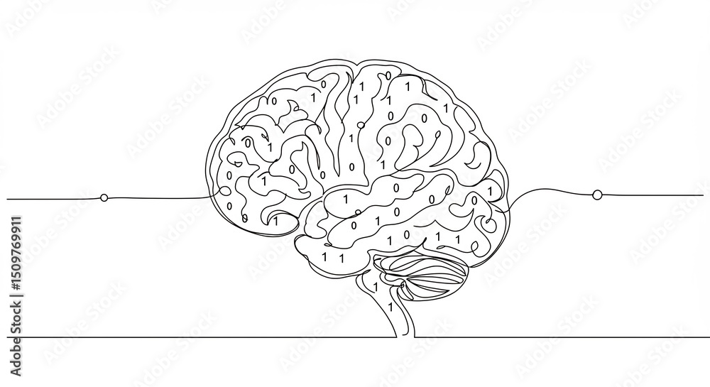 Wall mural brain drawing with digital binary code concept