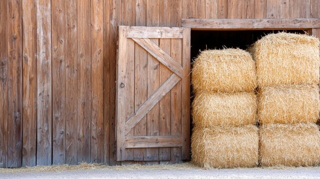 A rustic barn door opening to reveal stacks of hay inside, creating intrigue and nostalgia, ideal for storytelling