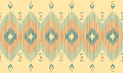Ikat patterns combine warm pastel tones such as light brown, green and blue. The vertically stacked diamonds create a soft movement, reflecting local culture and craftsmanship in a contemporary style.