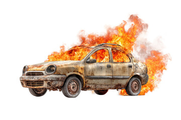 PNG Rusty car ablaze with intense flames against white background