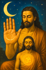 a spiritual painting of two meditative sages in saffron robes, symbolizing divine awakening.