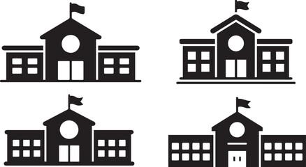 School Building Silhouette Icons – Education Institute Black Vector Set on white background.