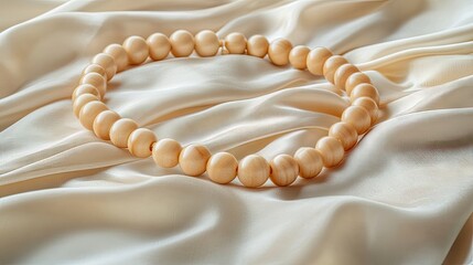 Light beige wooden beaded necklace on silk fabric.