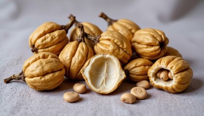 Close-up of a pile of whole and halved dried gourds with seeds on a soft fabric background for culinary or decorative use