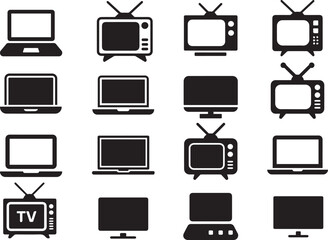 omputer icon set, TV Monitor & Laptop Silhouette Icon Set – Vintage and Modern Media Devices.