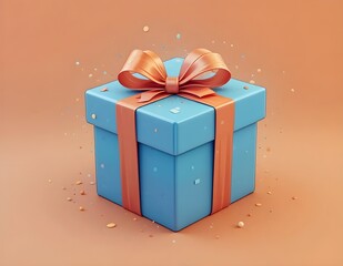 A vibrant blue gift box with an elegant orange ribbon and bow, set against a soft orange background. Colorful confetti adds a festive, celebratory touch.