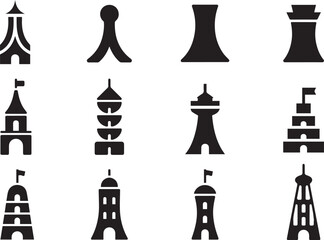Tower Silhouette Vector Icon Set, Tower Architecture Silhouette Vector Icon Set.