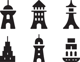 Tower Silhouette Vector Icon Set, Tower Architecture Silhouette Vector Icon Set.