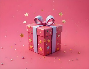 Pink gift box with star decorations and a shiny ribbon on a festive pink background. Surrounded by confetti and sparkles, perfect for celebrations, birthdays, or holidays.