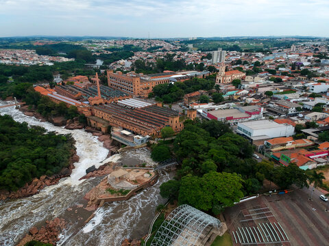 Salto, SP, Brazil, March 10, 2022. Drone view of the Arts Pavilion, the Acoustic Shell and the waterfall Tourist Complex, located on the banks of the Tiete River, in the tourist resort city of Salto