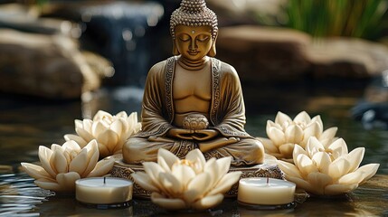 Golden buddha statue surrounded by lotus flowers and candles in a serene water garden setting