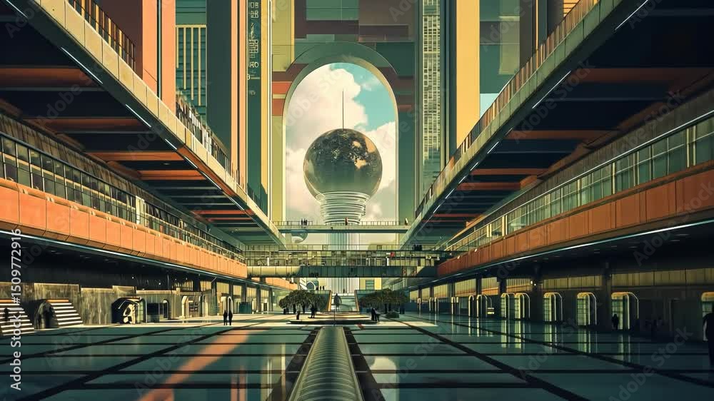 Poster retrofuturistic landscape in mid-century sci-fi style. retro science fiction scene with futuristic c