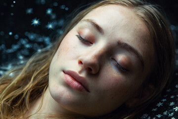 Close-up portrait of a woman with eyes closed, a luminous third eye glowing on her forehead, subtle constellations around her head, hair flowing like water, serene and dreamlike.