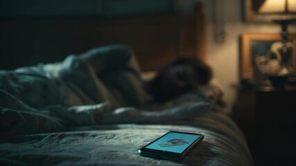 Digital Connection in Sleep: A serene moment in the bedroom captures the subtle interplay between sleep and modern digital life. A phone, lit with a soft glow, sits on the bedside table.