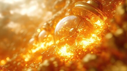 Close up of a golden potion bottle surrounded by golden light and abstract shapes in a bright scene
