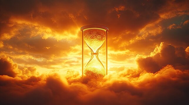 Hourglass in the sky with orange clouds representing the passage of time and ephemeral nature 100