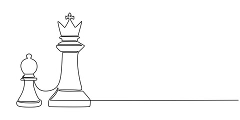 Queen and King of chess in continuous one line drawing. Single line art illustration of one chess checkmate concept. Editable vector, Hand drawn pawn and queen chess piece vector. One line continuous