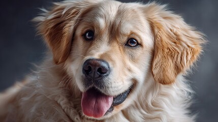 A close up portrait of a golden retriever with its tongue out looking at the camera so cute and fluffy