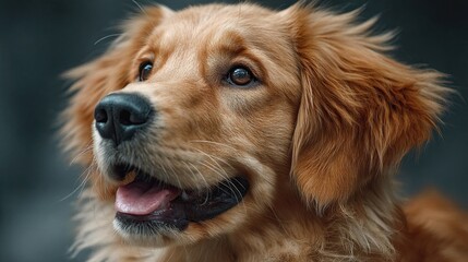 Close up shot of a golden retriever with its mouth slightly open against a dark background