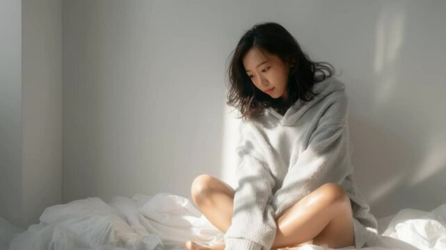 Serene Solitude: A woman bathed in soft sunlight sits peacefully on a bed. A quiet moment, a picture of self-reflection and calm. A beautiful capture of serenity and light.