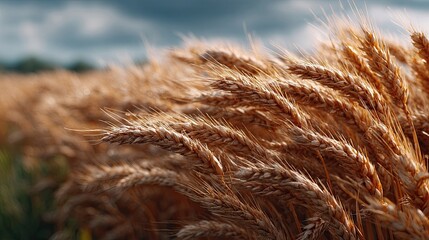 Close up view of golden wheat field swaying gently in the breeze on a sunny day in the countryside