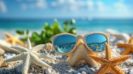 Sunglasses resting on a starfish on a sandy beach with ocean and sky reflected in the lenses