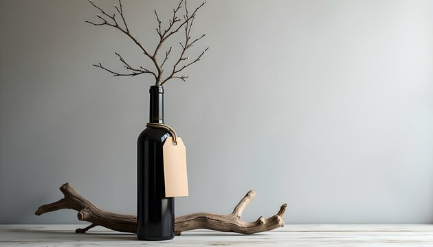 A bottle of wine with a blank tag and a branch of a tree placed on a table