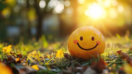 A yellow smiley face ball sitting in the grass with sunlight shining in the background outdoors