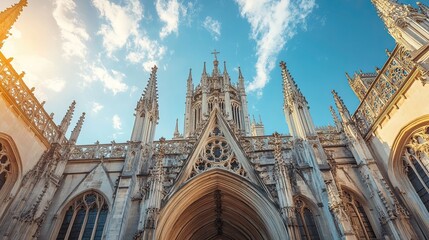 Worm's eye view of a gothic cathedral with spires against a blue sky with wispy clouds and bright sunlight
