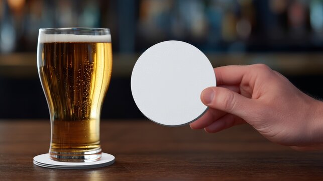 Mockup of white beer coasters on a bar table with glass of beer scene