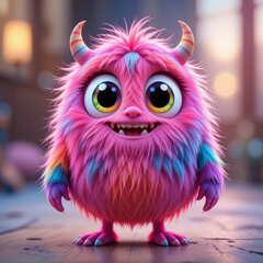 Fototapeta premium Colorful Furry Cartoon Monster with Big Rainbow Eyes – Cute Fantasy Character Illustration