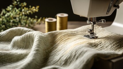Sewing machine stitching fabric with gold thread in craft room