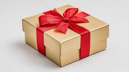 Obraz premium Luxurious gold gift box with red ribbon bow centered on clean white background under studio lighting