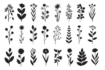 Black and white floral silhouette set with nature inspired decorative elements