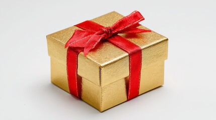 Obraz premium Luxurious gold gift box with red ribbon bow centered on clean white background under studio lighting