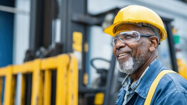 Focused Factory Worker: An industrial worker in safety helmet and glasses with the backdrop of heavy machinery, embodies concentration and pride in labor.