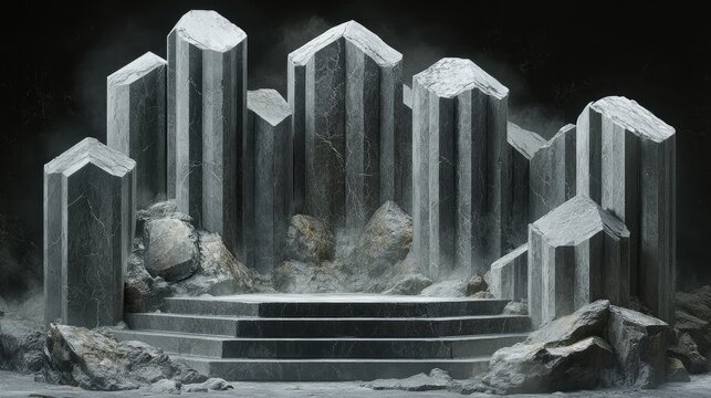 Gray stone structures form a dramatic presentation platform.