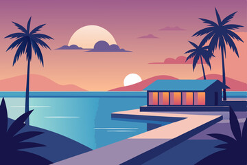 Obraz premium Tropical beach, sunset, palm trees, vector illustration, travel, vacation, landscape