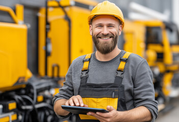 Happy Male Construction Worker Wearing Yellow Hard Hat and Gray Sweater Using Digital Tablet in Industrial Setting