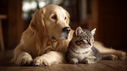 Golden retriever and kitten sitting peacefully together in cozy warm home interior with soft natural light, symbolizing friendship, calm, love, and harmony between pets.