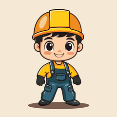 Fototapeta premium Cheerful Cartoon Construction Worker Child in Yellow Helmet and Blue Overalls
