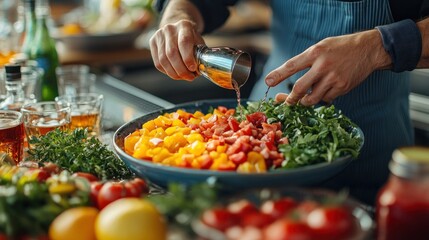 Obraz premium Chef preparing a vibrant salad with dressing