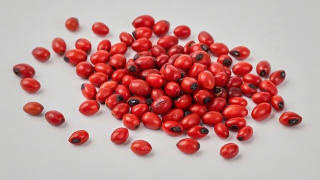 Red seeds of Abrus precatorius (rosary pea) isolated on white background, extremely poisonous