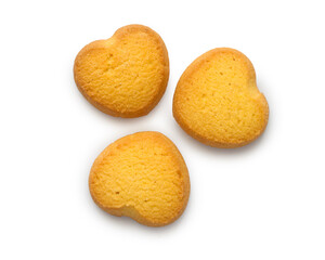 Three heart-shaped cookies on a white background. Close-up sweet cookies with shadow.