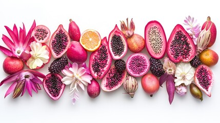 Colorful array of fruit and flower slices on a white background.
