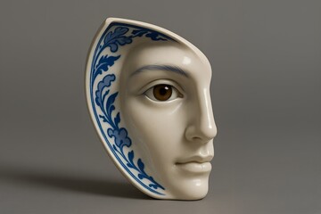 Half Ceramic Face Sculpture with Blue Floral Design