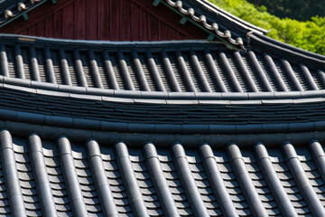 tiled roofs of the traditional Korean buildings in the Buddhist temple